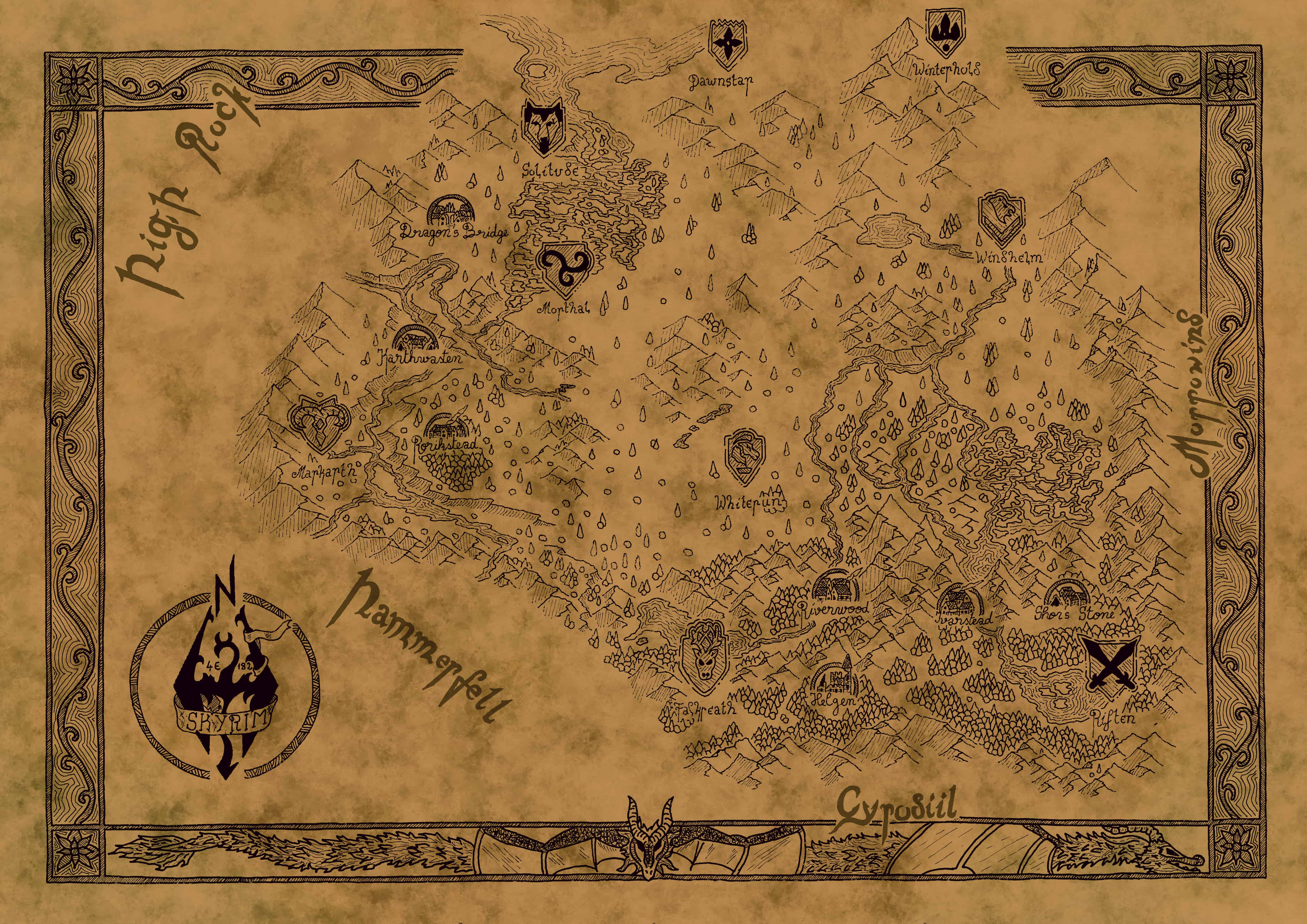 Elder Scrolls Skyrim parchment style map - fantasy video game world cartography by TA MAPS